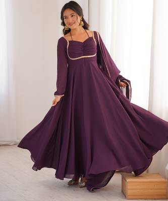 Tranding foux georgette dori work wine readymade ethnic gown 1