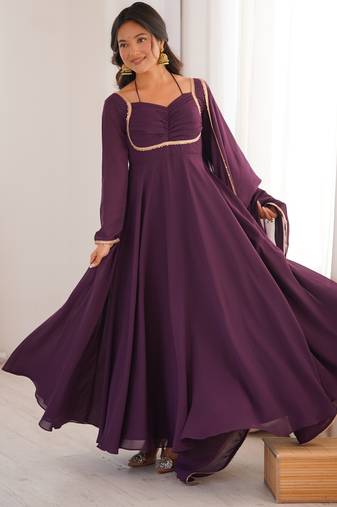 Tranding foux georgette dori work wine readymade ethnic gown
