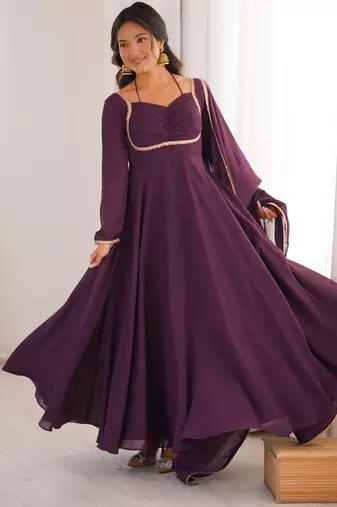 Tranding foux georgette dori work wine readymade ethnic gown