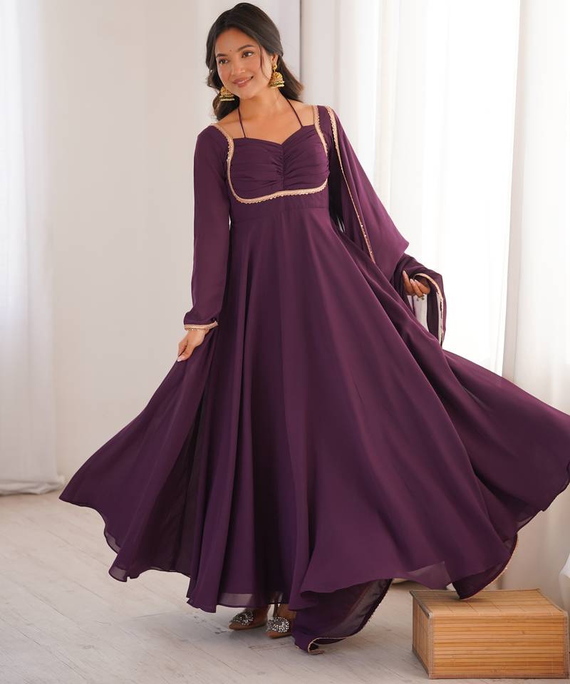 Tranding foux georgette dori work wine readymade ethnic gown