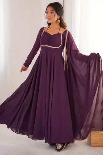  foux georgette dori work wine readymade ethnic gown