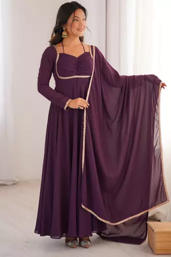  foux georgette dori work wine readymade ethnic gown