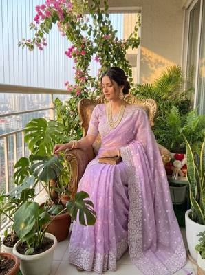 light lavender threadwork butta and border work organza saree 1