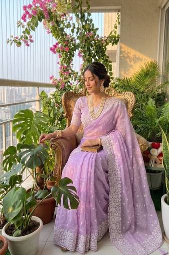 light lavender threadwork butta and border work organza saree