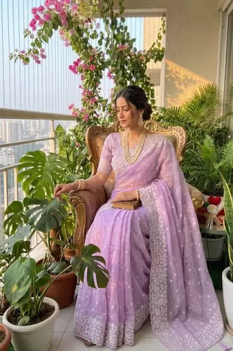 Light Lavender Color ThreadWork Butta And Border Work Organza Saree