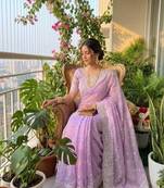 light lavender threadwork butta and border work organza saree