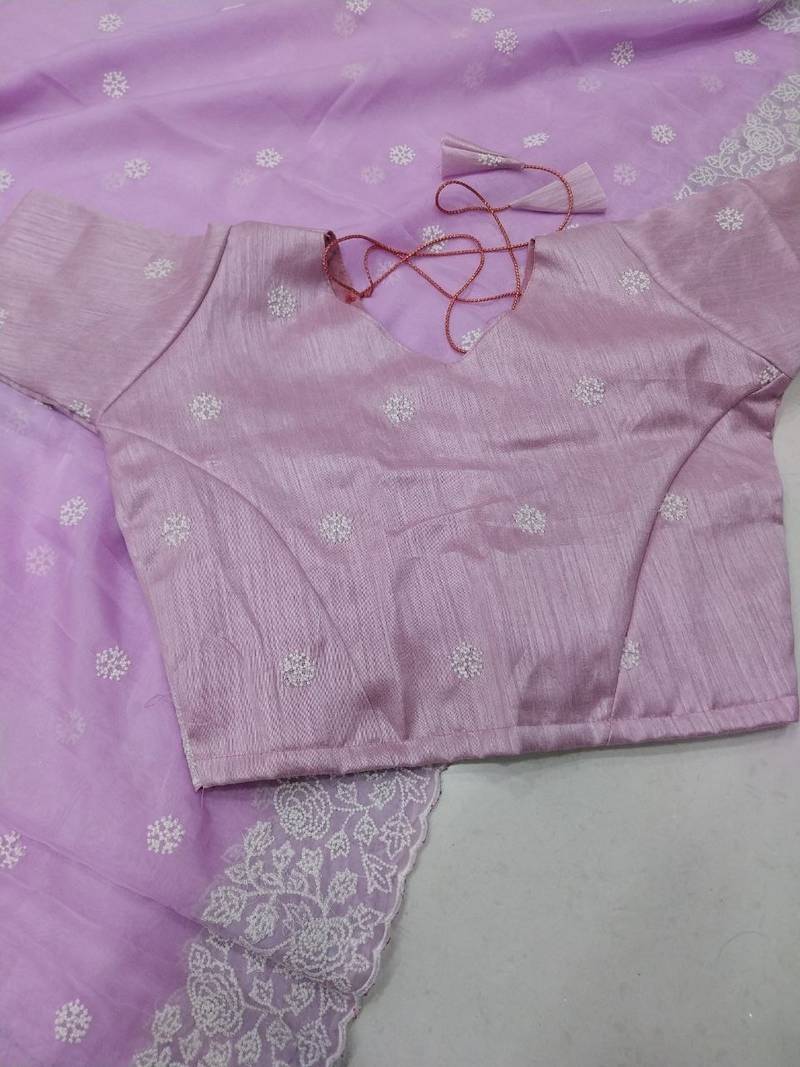 Light Lavender Color ThreadWork Butta And Border Work Organza Saree