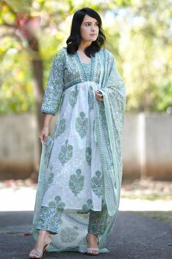 White Grey Aaliya Cut Style Anarkali Kurti Pant Dupatta Block Print Cotton Salwar Kameez Suit