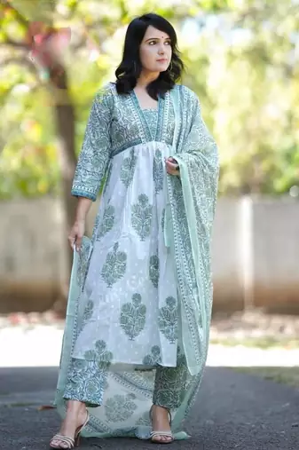 White Grey Aaliya Cut Style Anarkali Kurti Pant Dupatta Block Print Cotton Salwar Kameez Suit