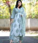 White Grey Aaliya Cut Style Anarkali Kurti Pant Dupatta Block Print Cotton Salwar Kameez Suit