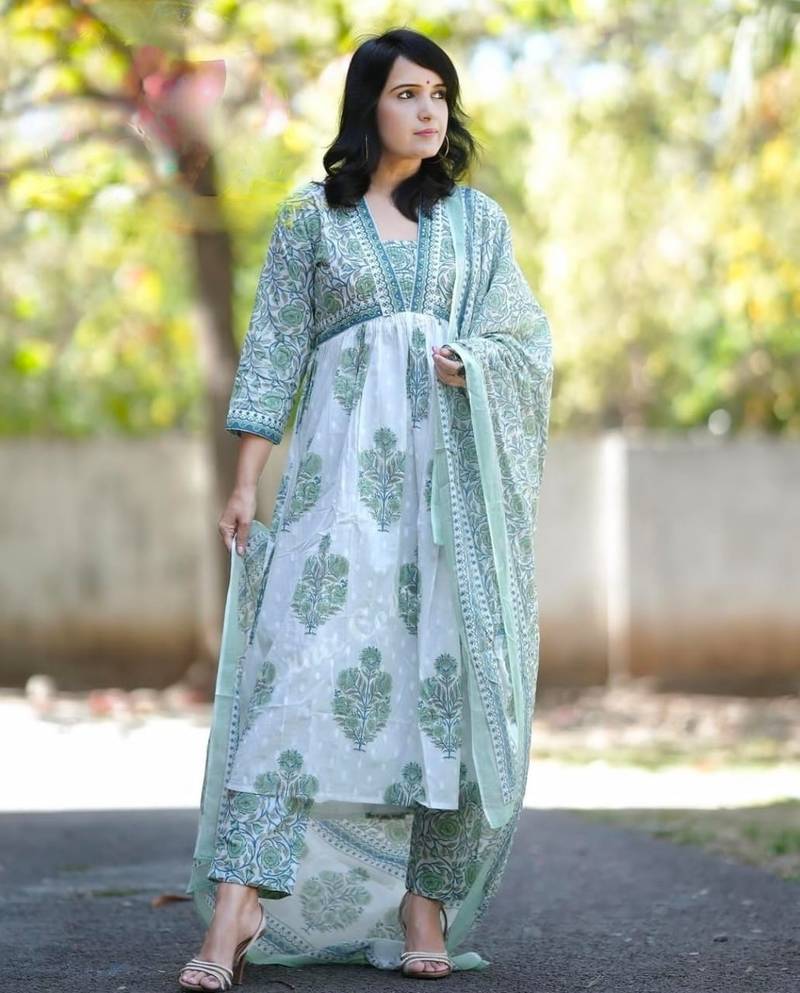 White Grey Aaliya Cut Style Anarkali Kurti Pant Dupatta Block Print Cotton Salwar Kameez Suit
