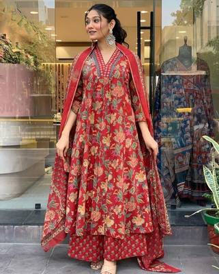 Red Floral Anarkali Frock Style V-Neck Indian Pakistani Salwar Kameez Kurti Pant Dupatta Set 1