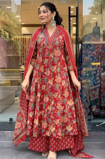 Red Floral Anarkali Frock Style V-Neck Indian Pakistani Salwar Kameez Kurti Pant Dupatta Set