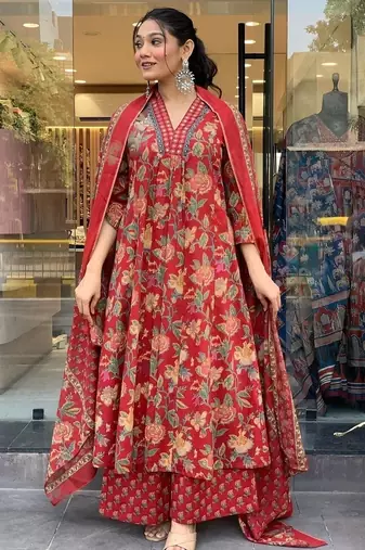 Red Floral Anarkali Frock Style V-Neck Indian Pakistani Salwar Kameez Kurti Pant Dupatta Set