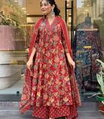 Red Floral Anarkali Frock Style V-Neck Indian Pakistani Salwar Kameez Kurti Pant Dupatta Set