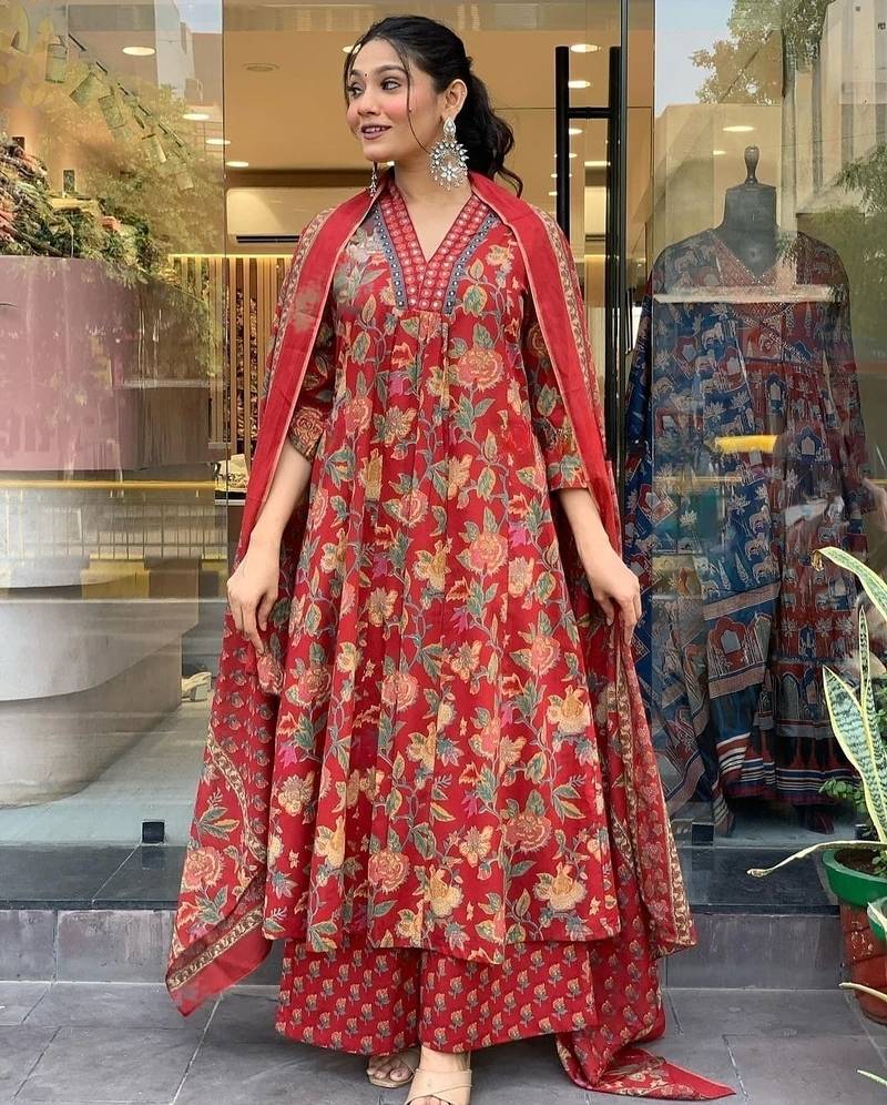 Red Floral Anarkali Frock Style V-Neck Indian Pakistani Salwar Kameez Kurti Pant Dupatta Set