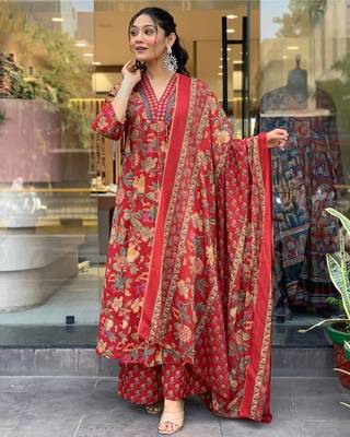 Red Floral Anarkali Frock Style V-Neck Indian Pakistani Salwar Kameez Kurti Pant Dupatta Set 2