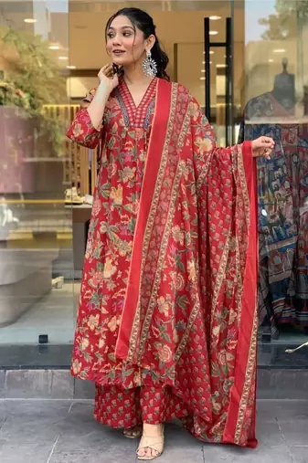 Red Floral Anarkali Frock Style V-Neck Indian Pakistani Salwar Kameez Kurti Pant Dupatta Set