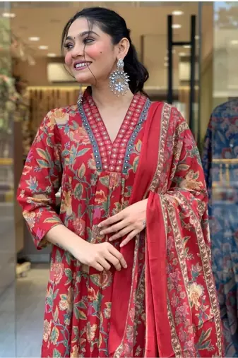 Red Floral Anarkali Frock Style V-Neck Indian Pakistani Salwar Kameez Kurti Pant Dupatta Set