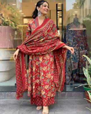 Red Floral Anarkali Frock Style V-Neck Indian Pakistani Salwar Kameez Kurti Pant Dupatta Set 4