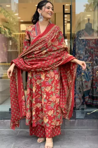 Red Floral Anarkali Frock Style V-Neck Indian Pakistani Salwar Kameez Kurti Pant Dupatta Set