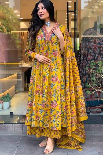 Yellow Anarkali Frock Style V-Neck Indian Pakistani Salwar Kameez Kurti Pant Dupatta Set