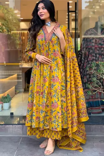 Yellow Anarkali Frock Style V-Neck Indian Pakistani Salwar Kameez Kurti Pant Dupatta Set