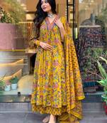 Yellow Anarkali Frock Style V-Neck Indian Pakistani Salwar Kameez Kurti Pant Dupatta Set