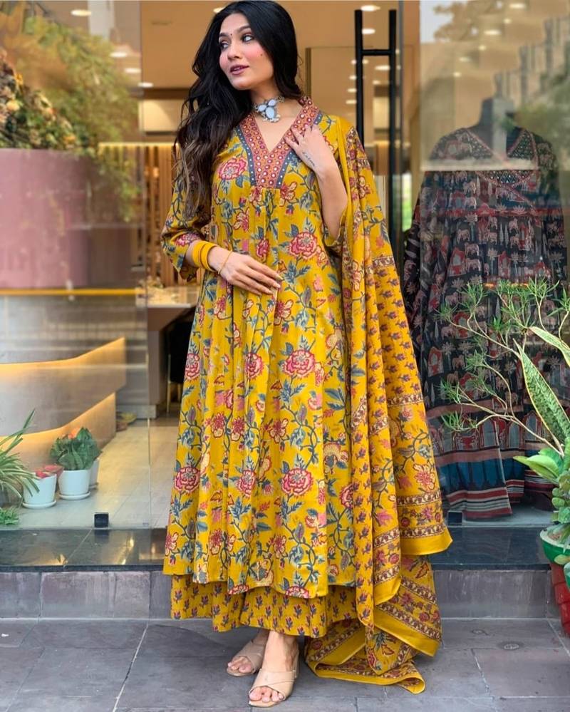 Yellow Anarkali Frock Style V-Neck Indian Pakistani Salwar Kameez Kurti Pant Dupatta Set