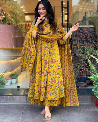 Yellow Anarkali Frock Style V-Neck Indian Pakistani Salwar Kameez Kurti Pant Dupatta Set 2