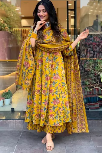 Yellow Anarkali Frock Style V-Neck Indian Pakistani Salwar Kameez Kurti Pant Dupatta Set