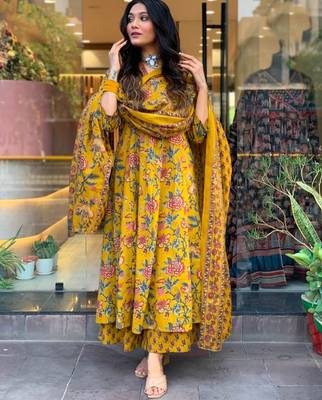 Yellow Anarkali Frock Style V-Neck Indian Pakistani Salwar Kameez Kurti Pant Dupatta Set 3
