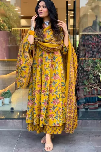 Yellow Anarkali Frock Style V-Neck Indian Pakistani Salwar Kameez Kurti Pant Dupatta Set