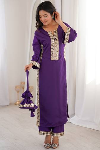 Awesome Purple Laced Work Crepe Festive Wear Kurti With Pant