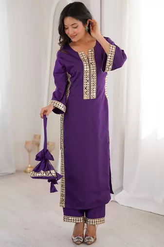 Awesome Purple Laced Work Crepe Festive Wear Kurti With Pant