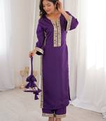 Awesome Purple Laced Work Crepe Festive Wear Kurti With Pant