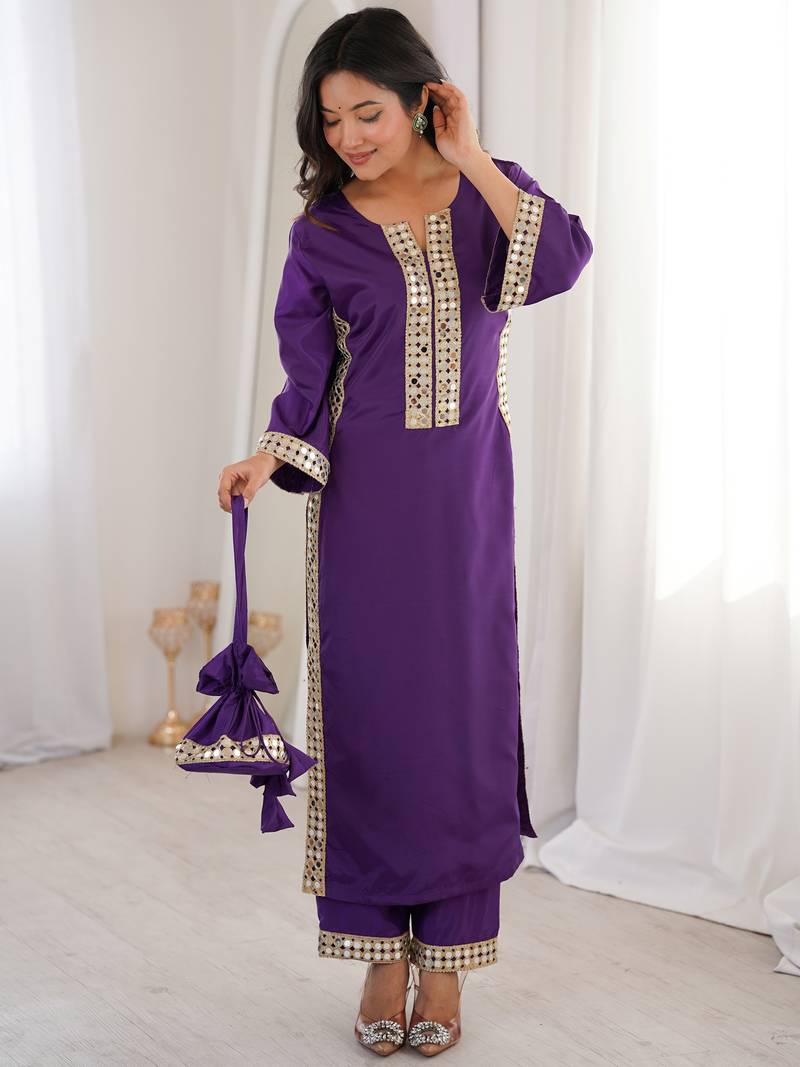 Awesome Purple Laced Work Crepe Festive Wear Kurti With Pant