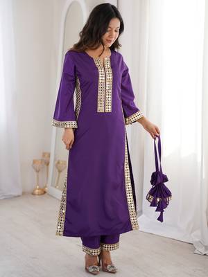 Awesome Purple Laced Work Crepe Festive Wear Kurti With Pant 2