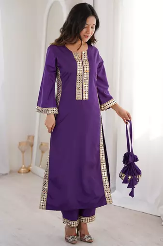 Awesome Purple Laced Work Crepe Festive Wear Kurti With Pant