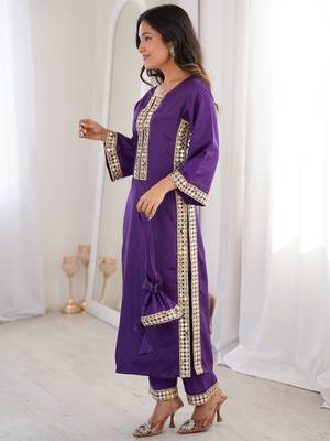 Awesome Purple Laced Work Crepe Festive Wear Kurti With Pant 3