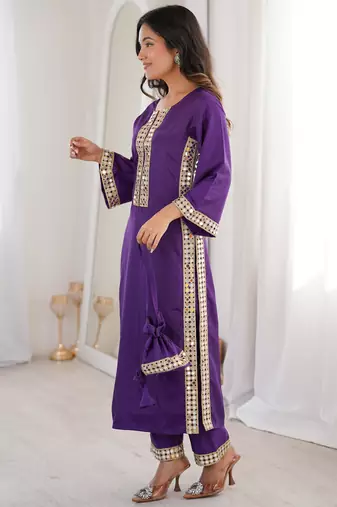 Awesome Purple Laced Work Crepe Festive Wear Kurti With Pant