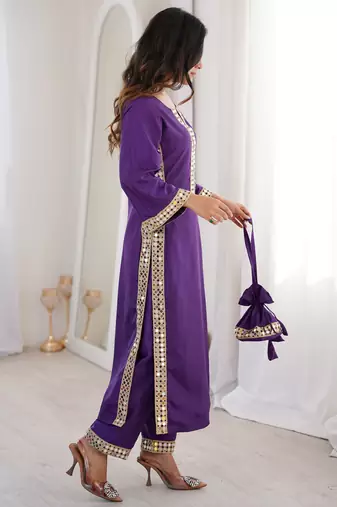 Awesome Purple Laced Work Crepe Festive Wear Kurti With Pant