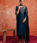 Floral embroidered viscose rayon v neck kurta trouser & dupatta set