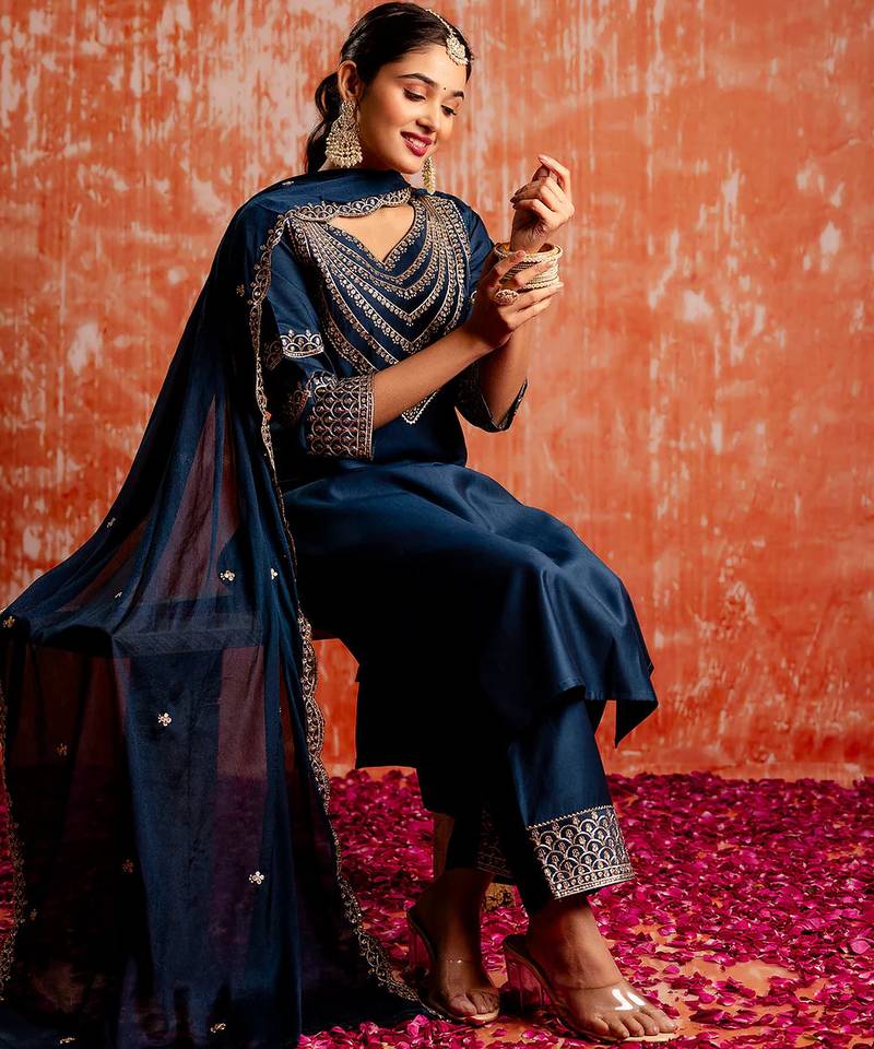 Floral embroidered viscose rayon v neck kurta trouser & dupatta set