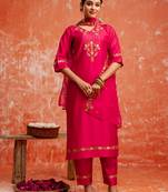 Floral embroidered viscose rayon v neck kurta trouser & dupatta set