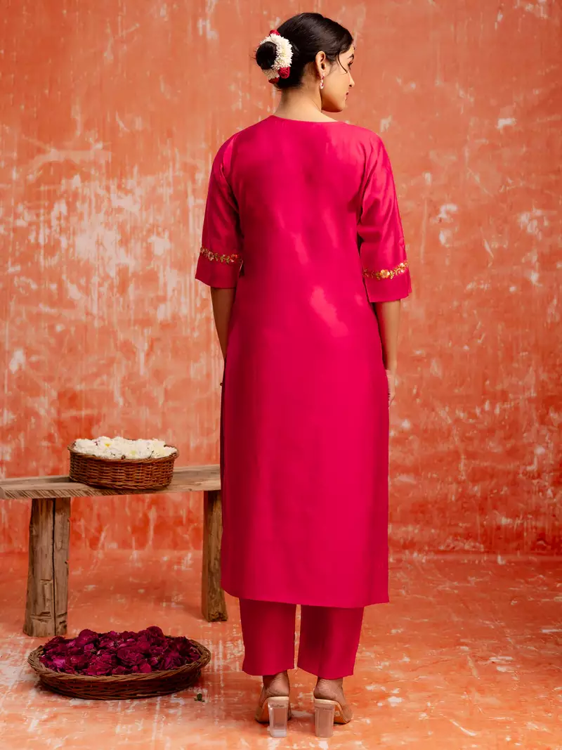 Floral embroidered viscose rayon v neck kurta trouser & dupatta set