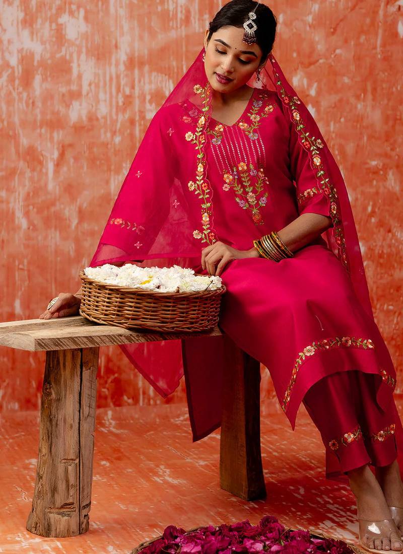 Floral embroidered viscose rayon v neck kurta trouser & dupatta set