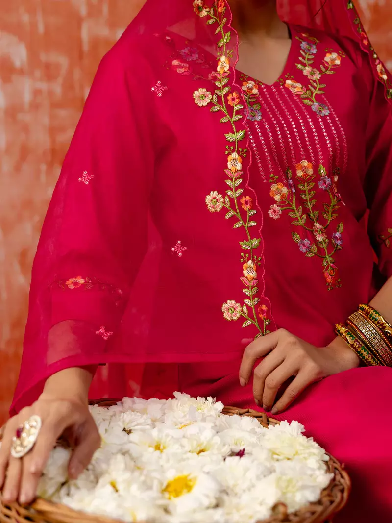 Floral embroidered viscose rayon v neck kurta trouser & dupatta set