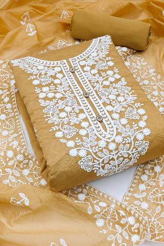  women's beige chanderi cotton embroidered unstitched salwar kameez with dupatta