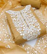  women's beige chanderi cotton embroidered unstitched salwar kameez with dupatta